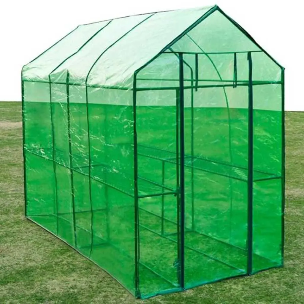 Walk-in Greenhouse with Zipped Door Powder-coated Steel Frame and Transparent Green Cover for Plants and Flowers