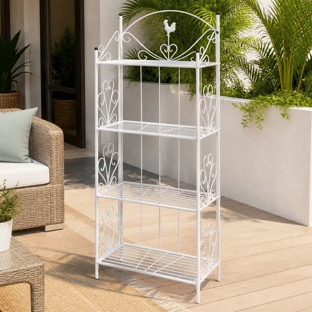 4-Tier Plant Rack in White with Flower Pattern
