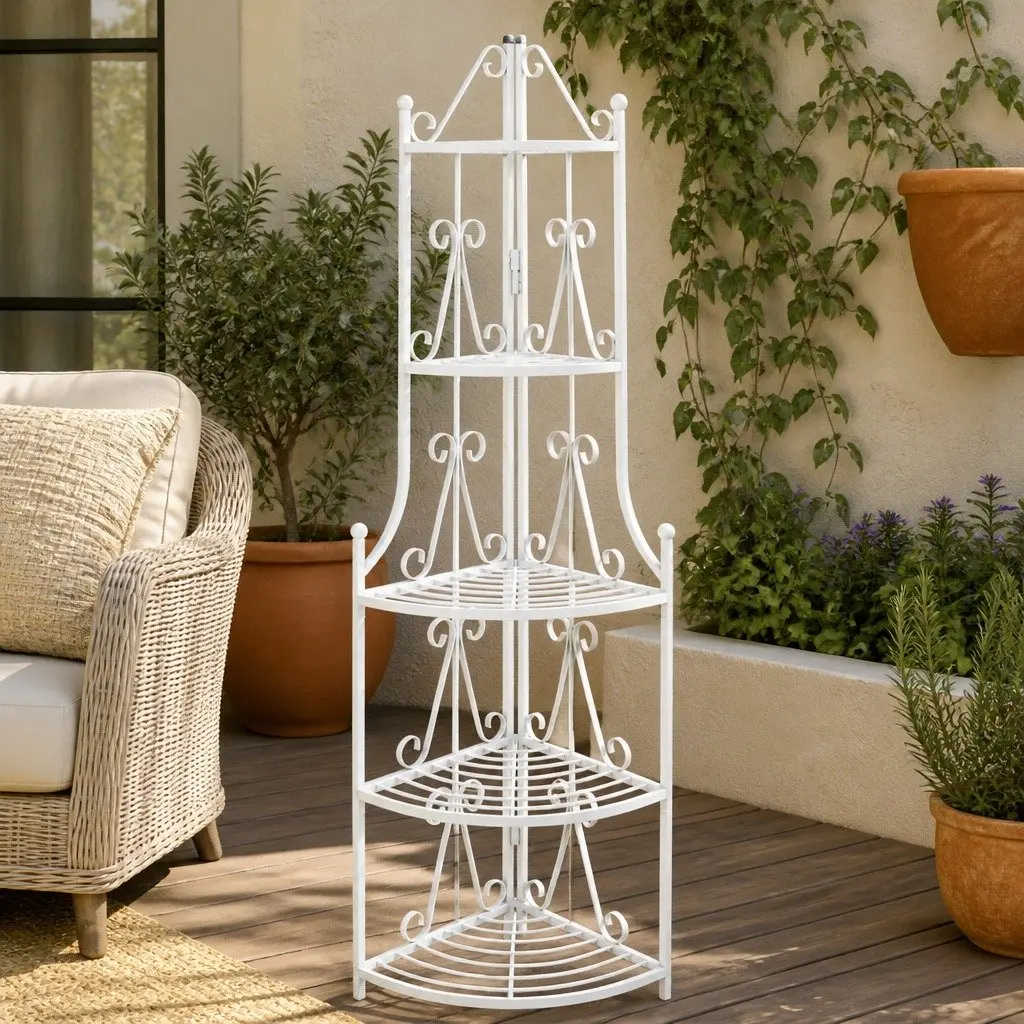 5-Tier White Corner Plant Rack with Rose Pattern
