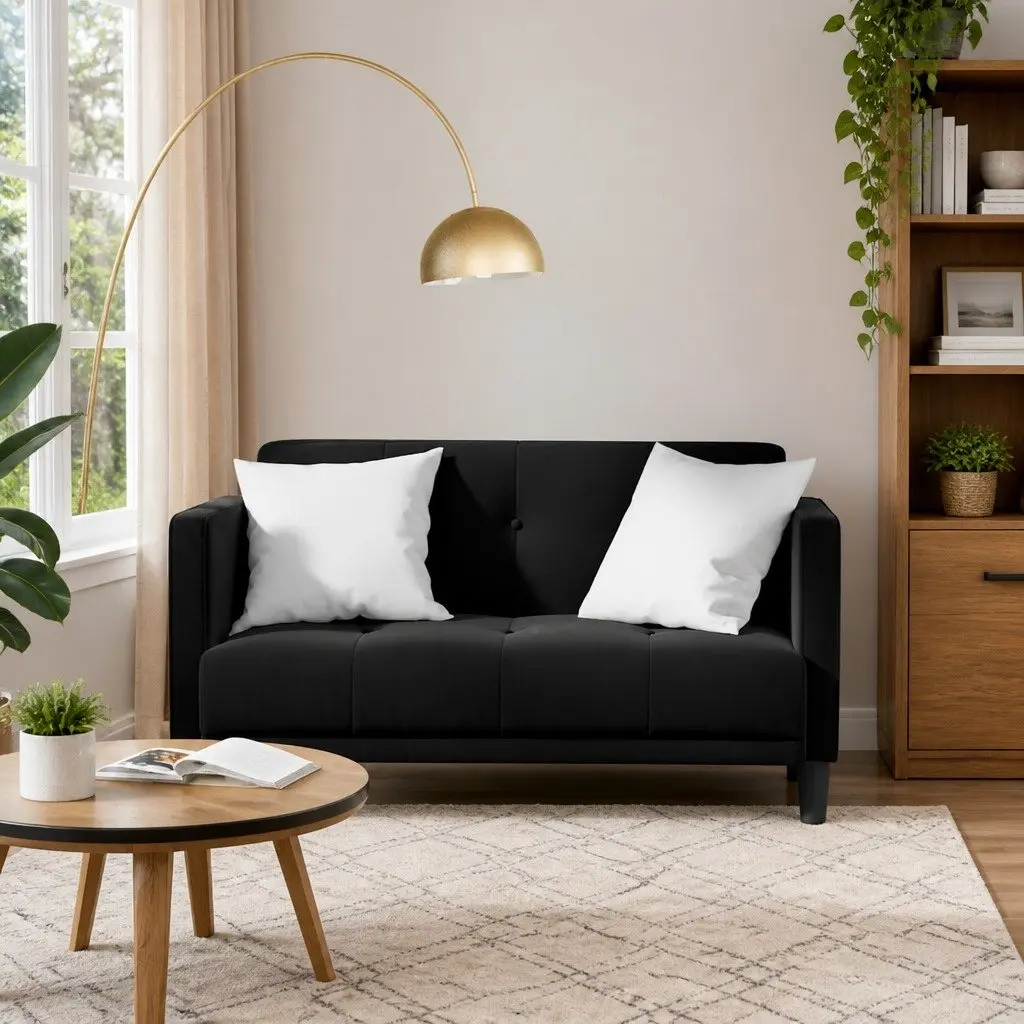 Loveseat Sofa Velvet Fabric 111cm Black Compact Two Seater Couch