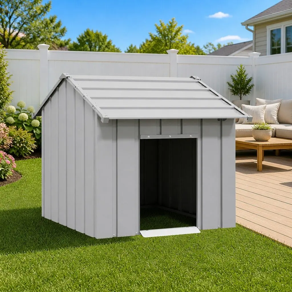 Grey Steel Dog House with Protective Roof