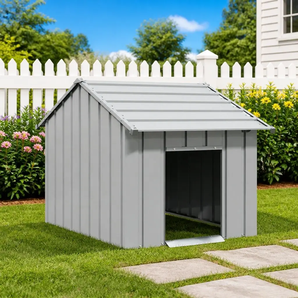 Dog House Galvanised Steel 83 x 130 x 85 cm Grey Outdoor Shelter Pet Home Kennel