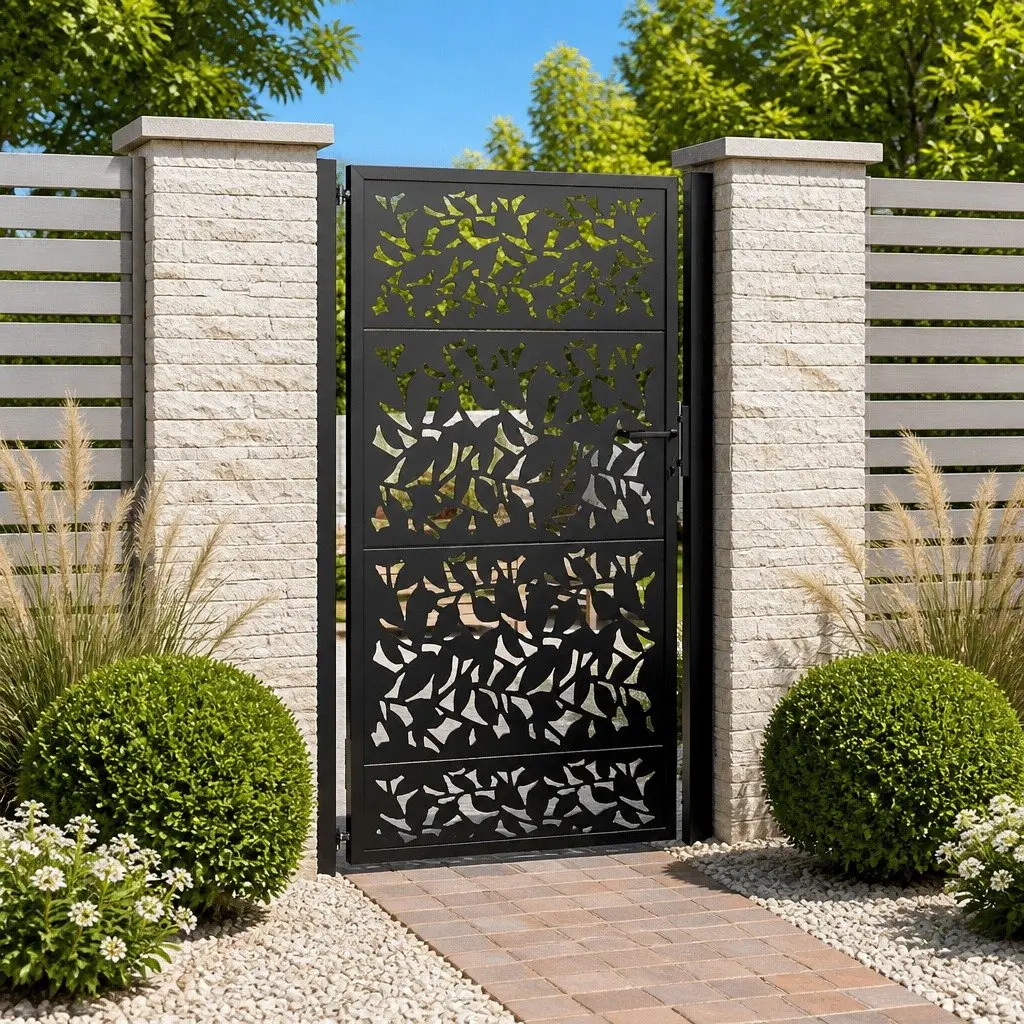 Black Steel Laser-Cut Garden Gate 100x175cm with Lock