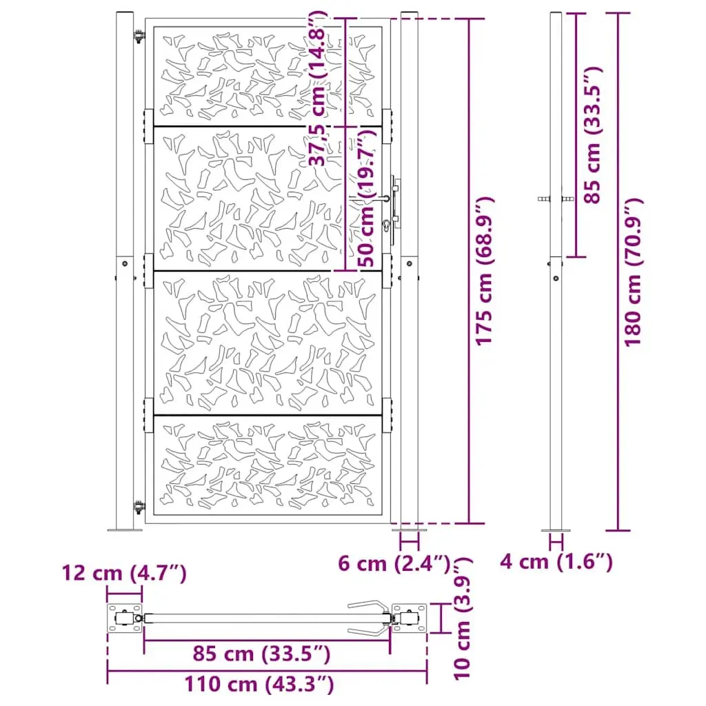 Black Steel Laser-Cut Garden Gate 100x175cm with Lock