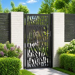 Black Steel Garden Gate with Laser-Cut Design, 100x175 cm