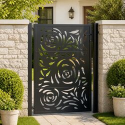 Black Steel Garden Gate with Laser-Cut Design 100x125cm