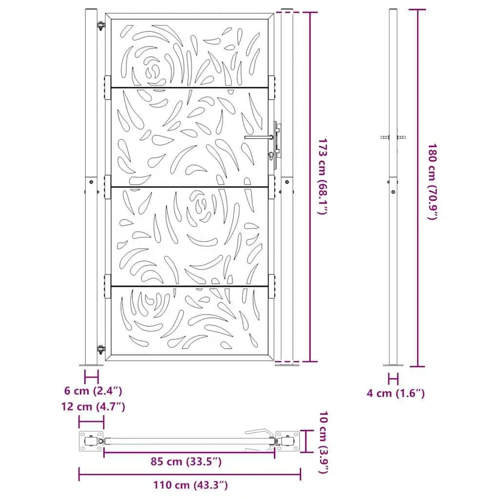 Garden Gate Black 100x175cm Steel Flame Design Outdoor Entrance Durable Lockable