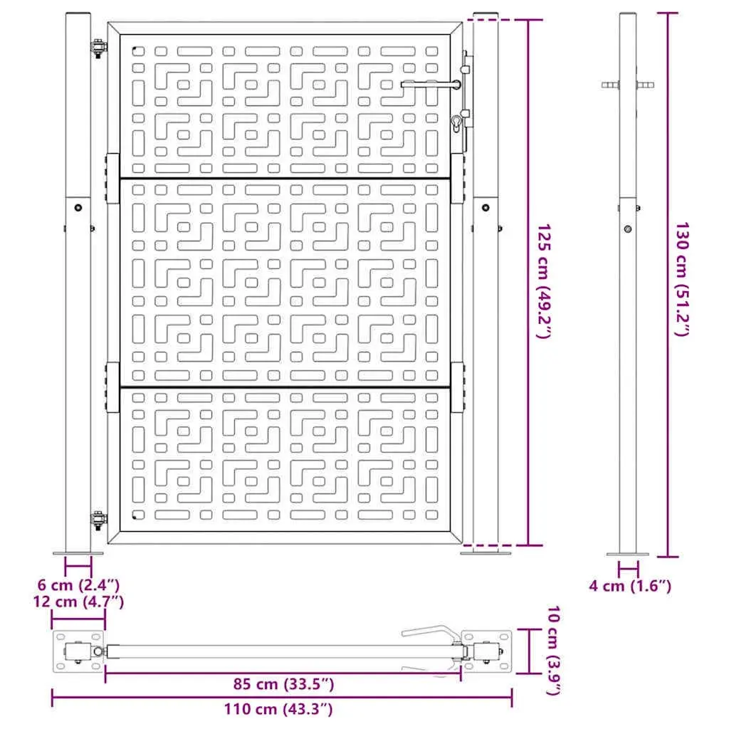 Black Steel Garden Gate 100x125cm with Security Lock