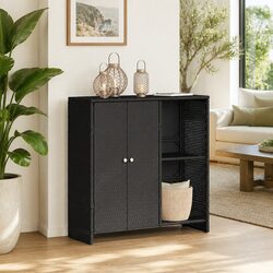 Storage Cabinet with Shelf Black Rattan Rectangular Modern Living Room Organizer