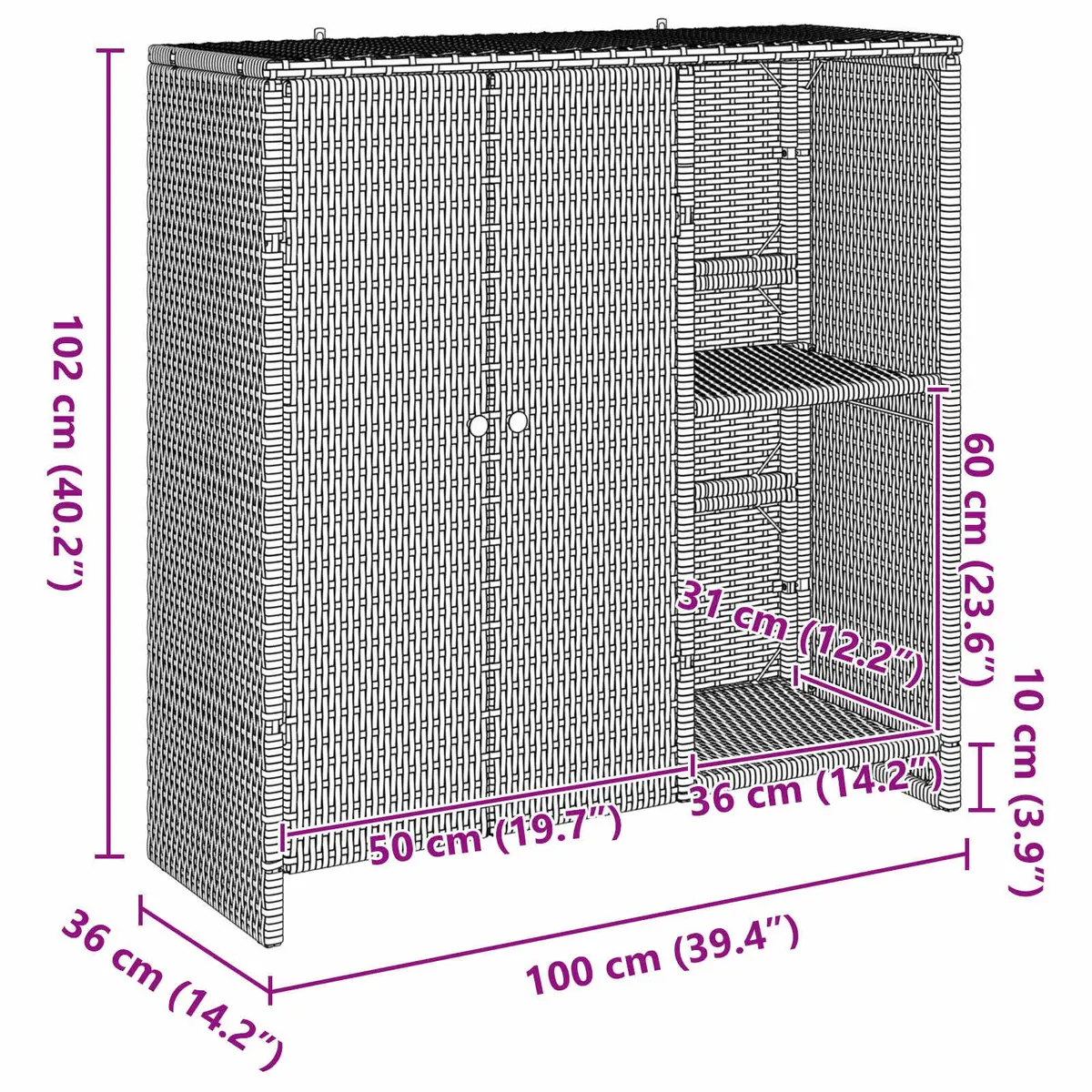 Storage Cabinet Rattan Grey Rectangular 100x36x102cm