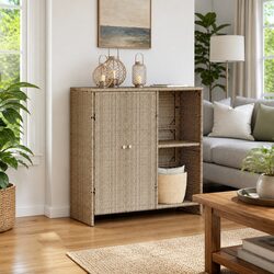 Beige Rattan Storage Cabinet with Shelf for Living Spaces