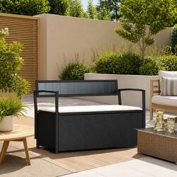 Durable Black Poly Rattan Garden Storage Bench with Cushion
