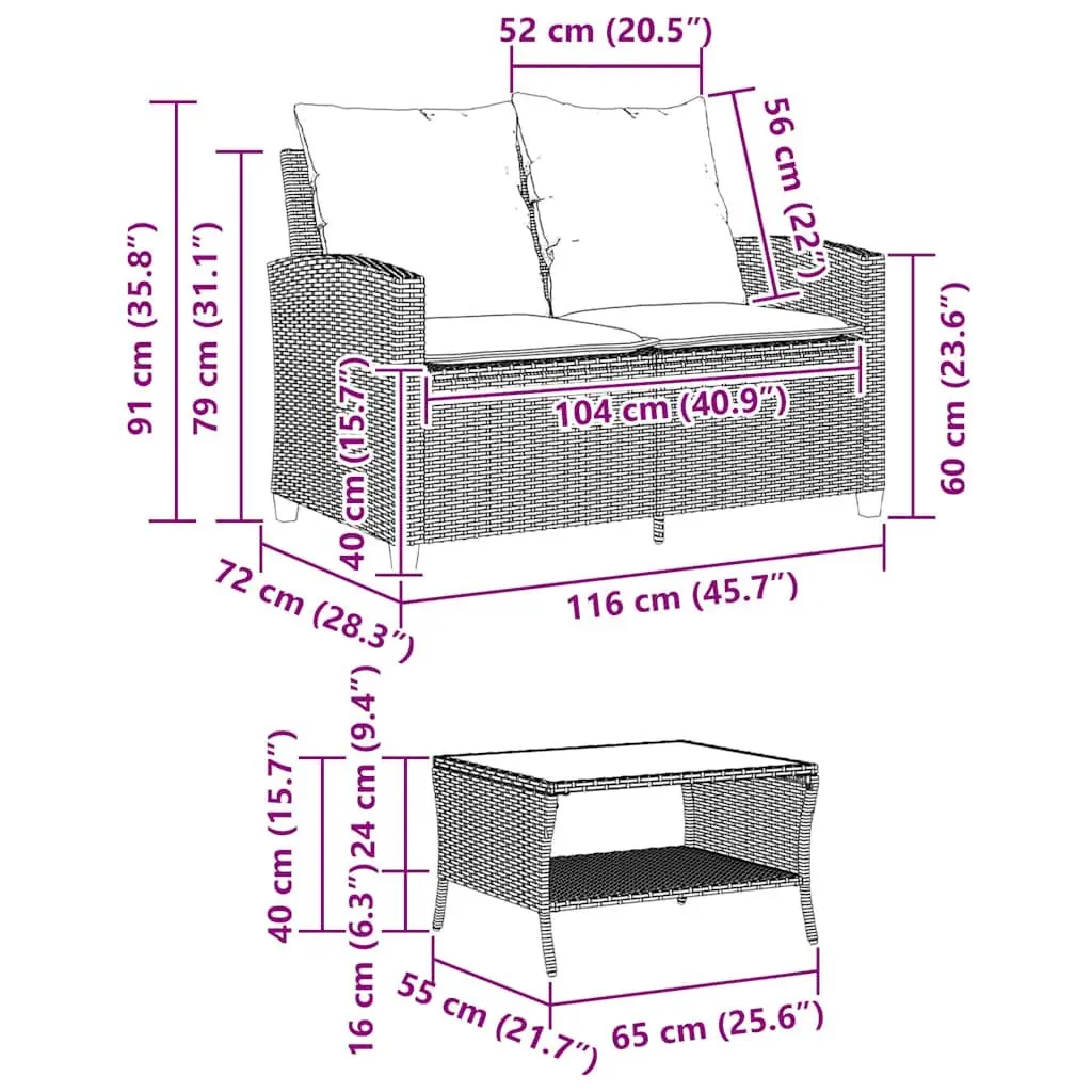 2-Seater Garden Sofa Set with Cushions and Table