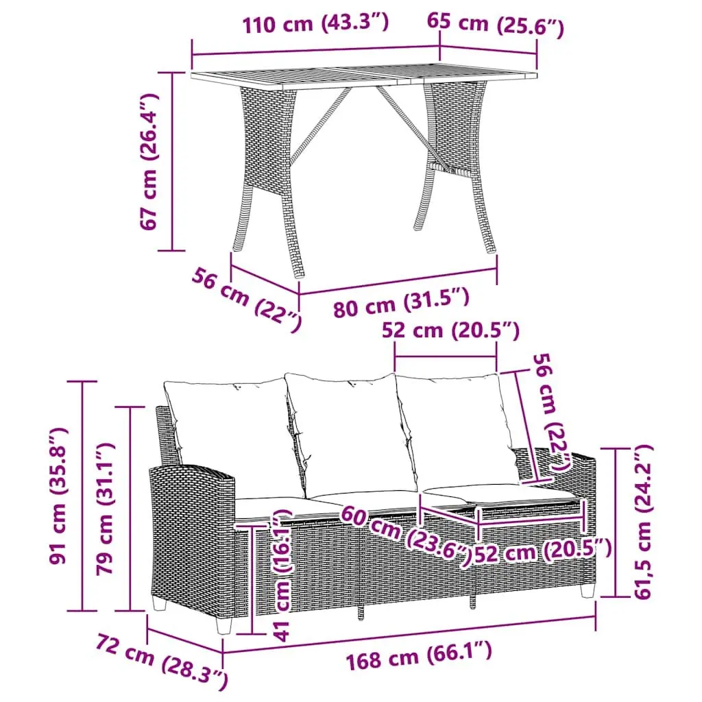 3-Seater Garden Sofa Set with Cushions & Table