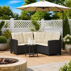 Premium Black L-Shaped Garden Sofa with Cushions and Table
