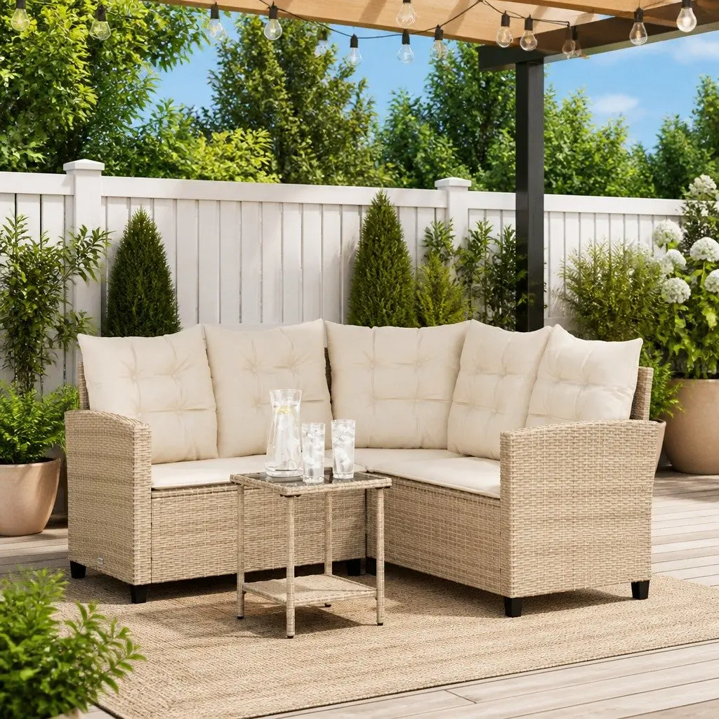 L-Shaped Garden Sofa with Cushions and Table