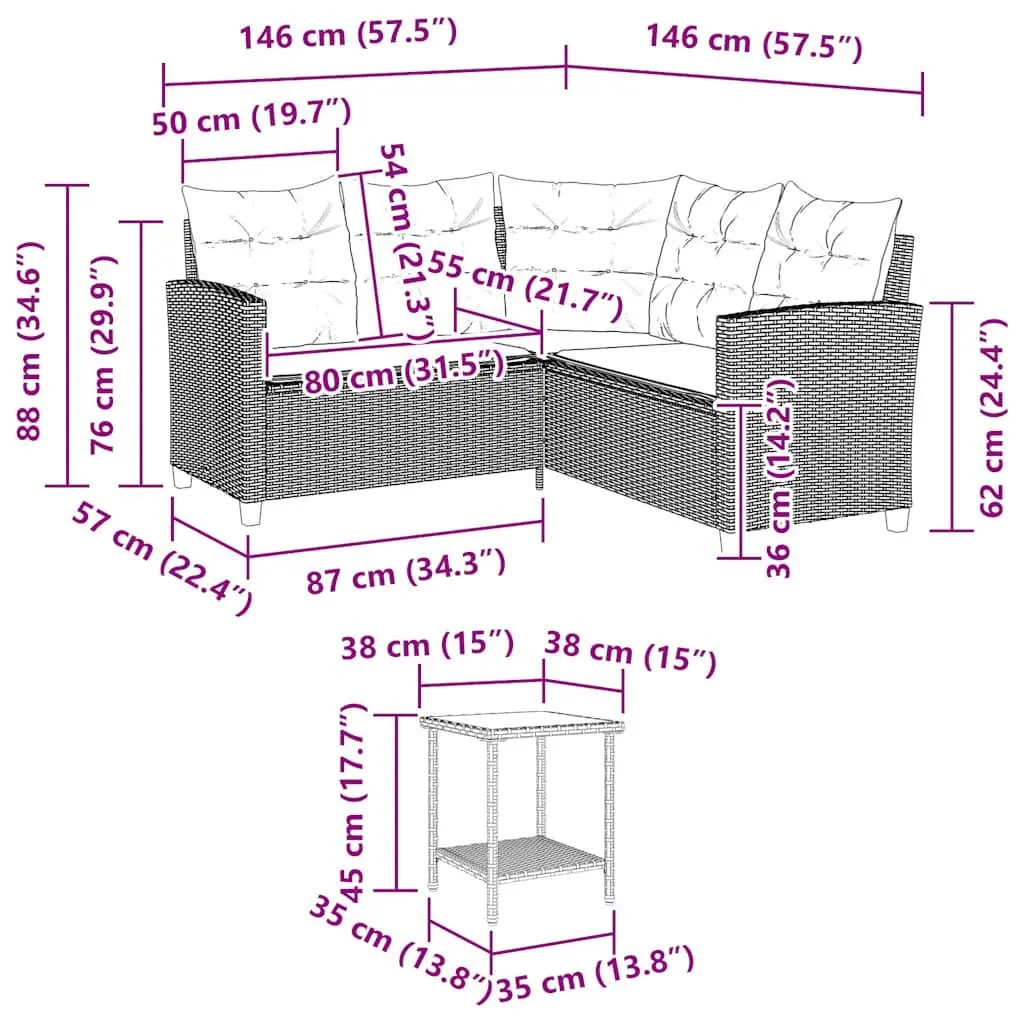 L-Shaped Garden Sofa with Cushions and Table