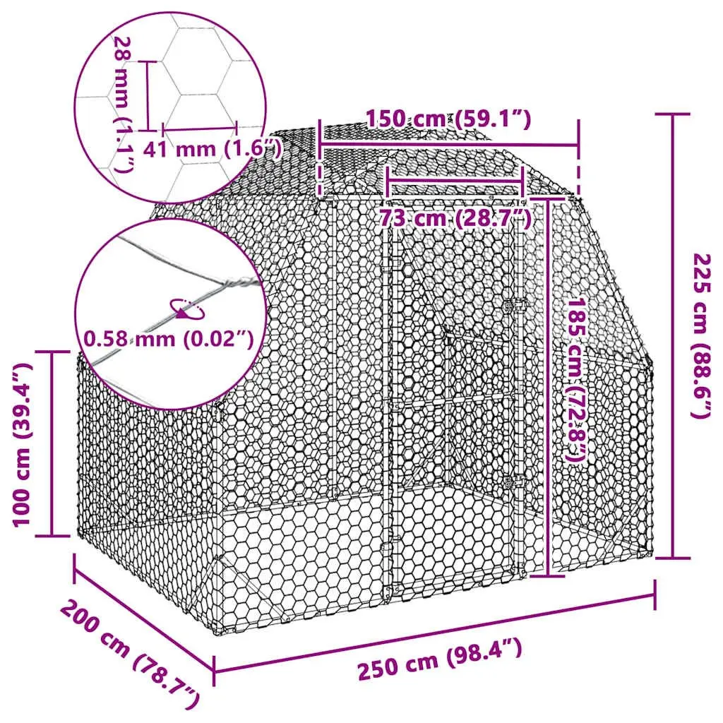 Walk-In Coop Enclosure Galvanised Steel 2.5x2x2.25m Hexagonal Mesh Wire Silver