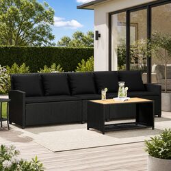 Black Poly Rattan 5-Seater Garden Sofa Set with Cushions