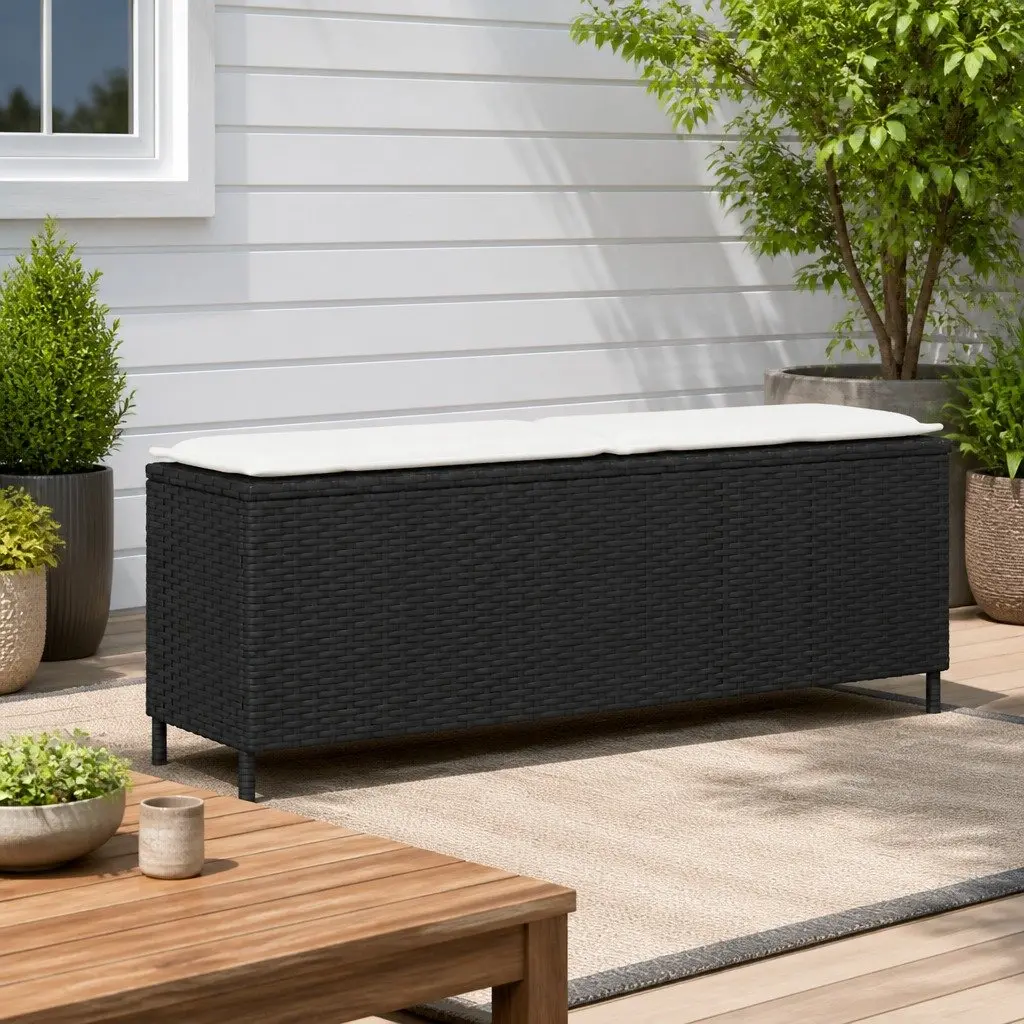 Garden Bench Poly Rattan Black Outdoor Seating with Cushion 110 x 30 x 40.5 cm