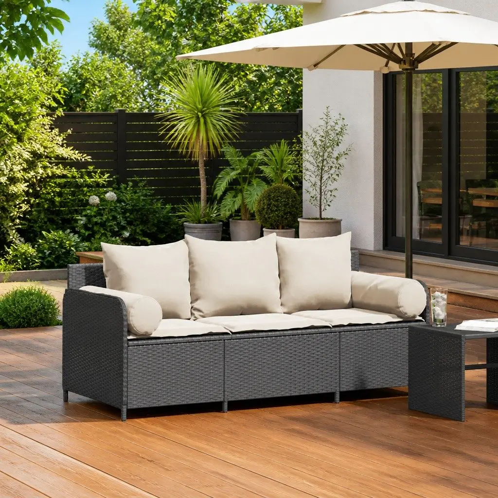 3-Seater Garden Sofa Black Outdoor Cushioned Seating