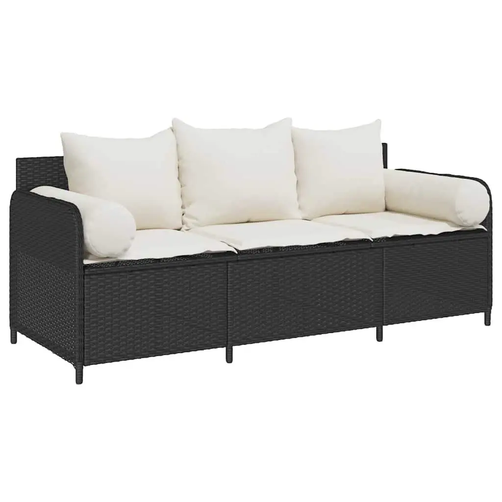 3-Seater Garden Sofa Black Outdoor Cushioned Seating