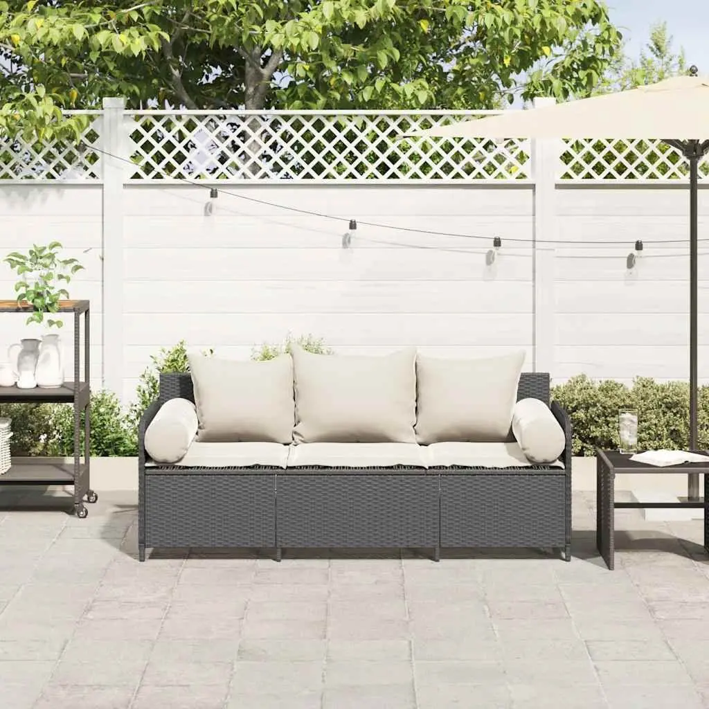 3-Seater Garden Sofa Black Outdoor Cushioned Seating