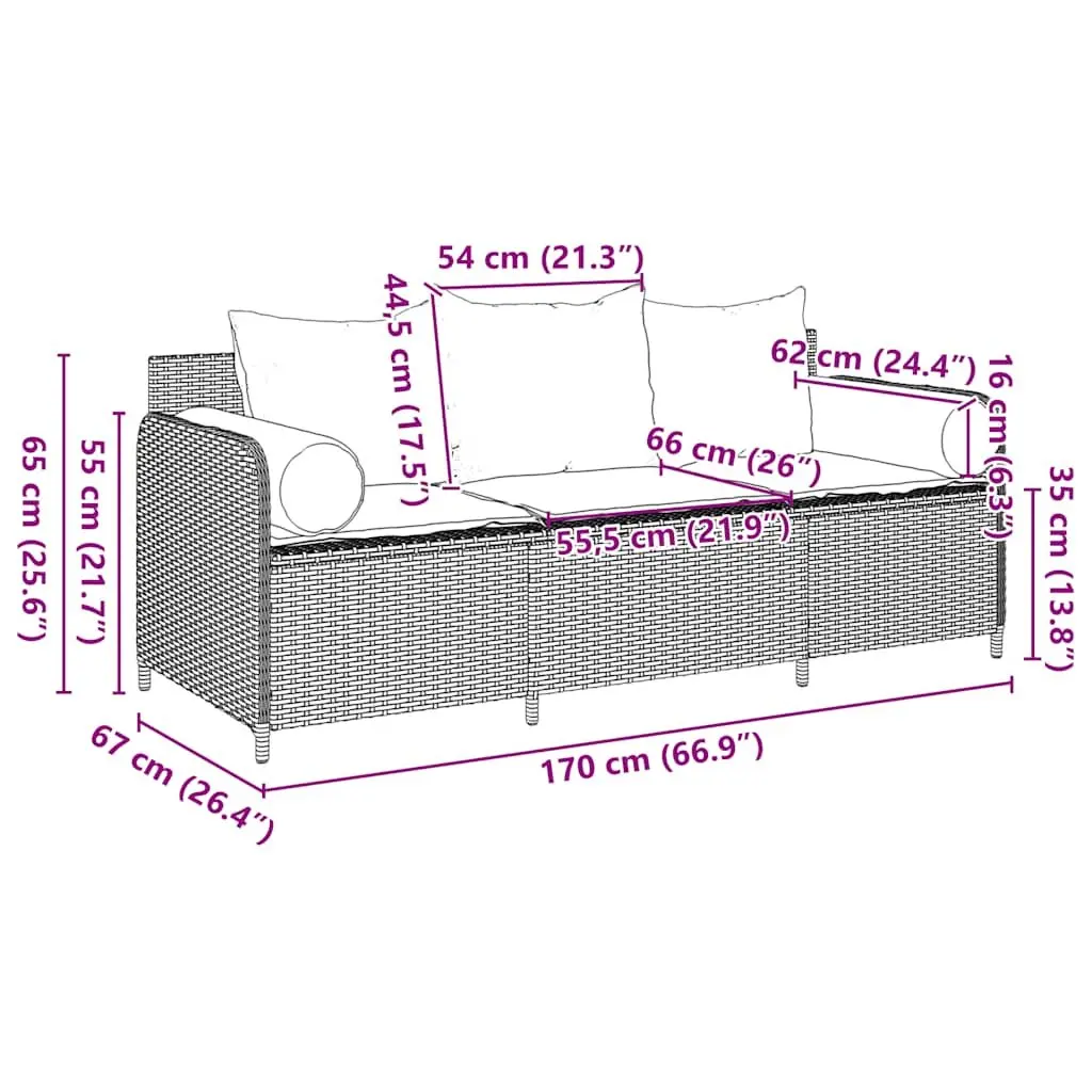 3-Seater Garden Sofa Black Outdoor Cushioned Seating