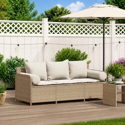 3-Seater Garden Sofa with Cushions Poly Rattan Beige