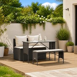 3 Piece Black Poly Rattan Outdoor Dining Set with Cushions