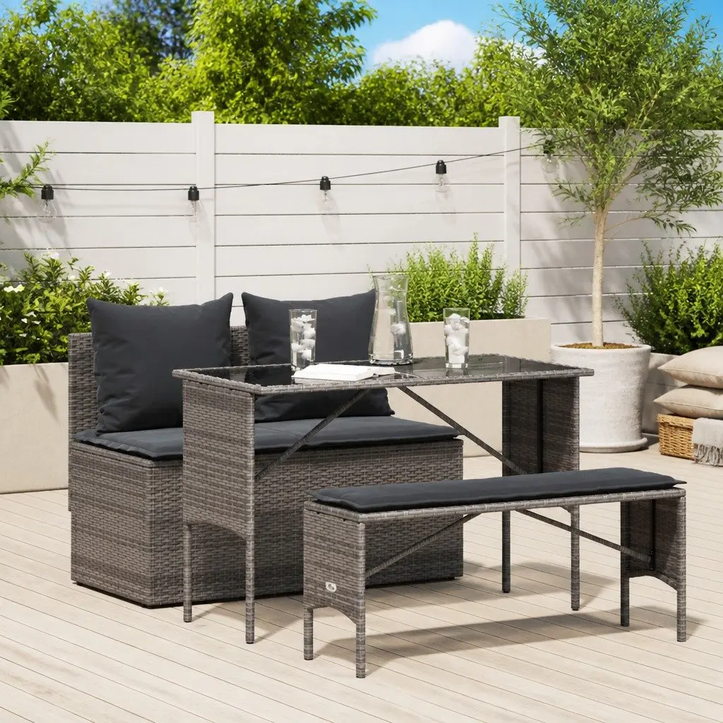 Garden Dining Set PE Rattan Tempered Glass 3 Piece Grey with Cushions