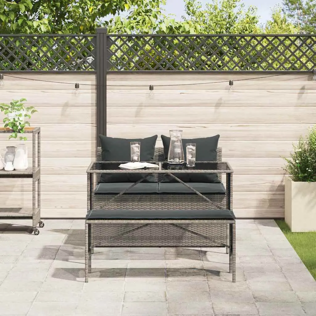 Garden Dining Set PE Rattan Tempered Glass 3 Piece Grey with Cushions