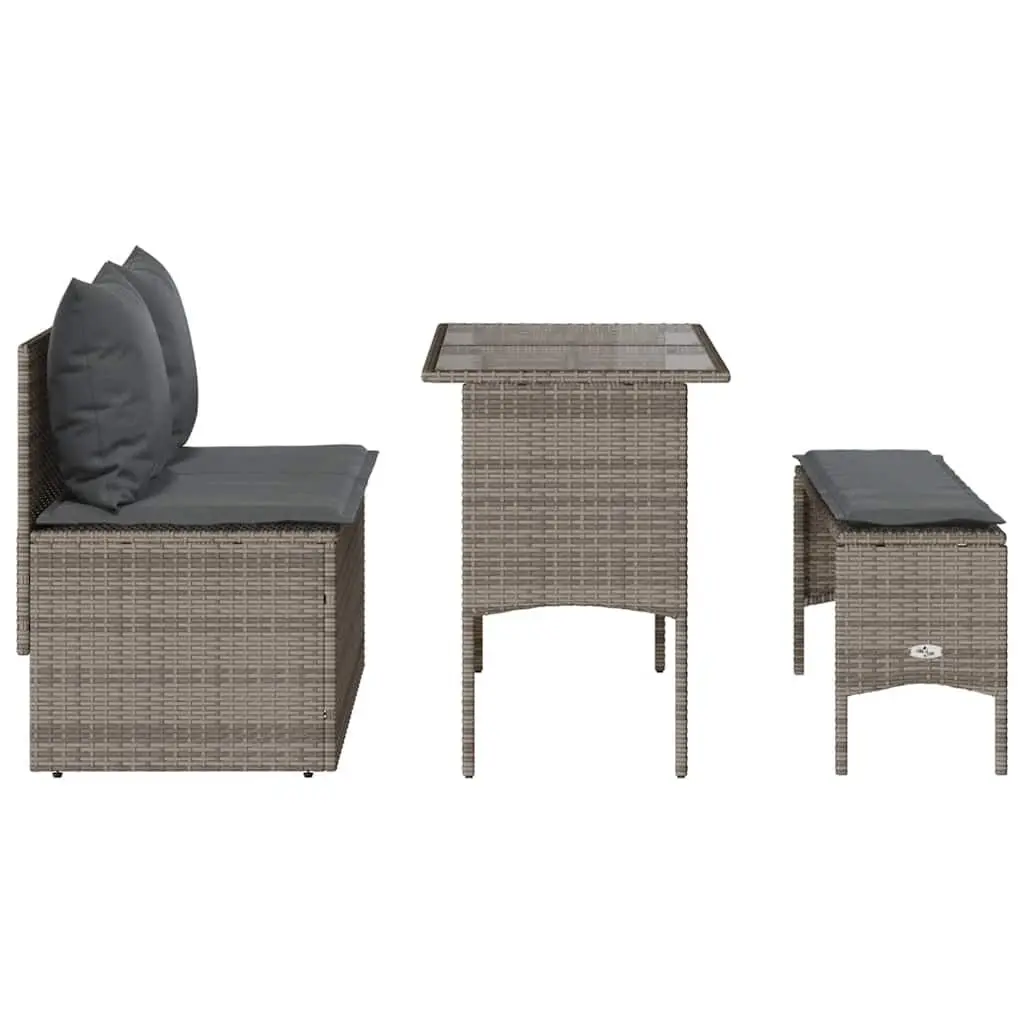 Garden Dining Set PE Rattan Tempered Glass 3 Piece Grey with Cushions