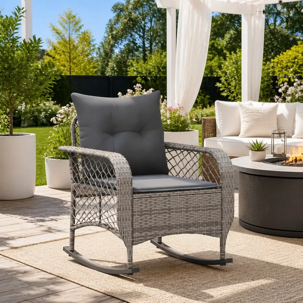Grey Poly Rattan Garden Rocking Chair with Cushions