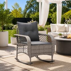 Sturdy Grey Poly Rattan Garden Rocking Chair with Cushions