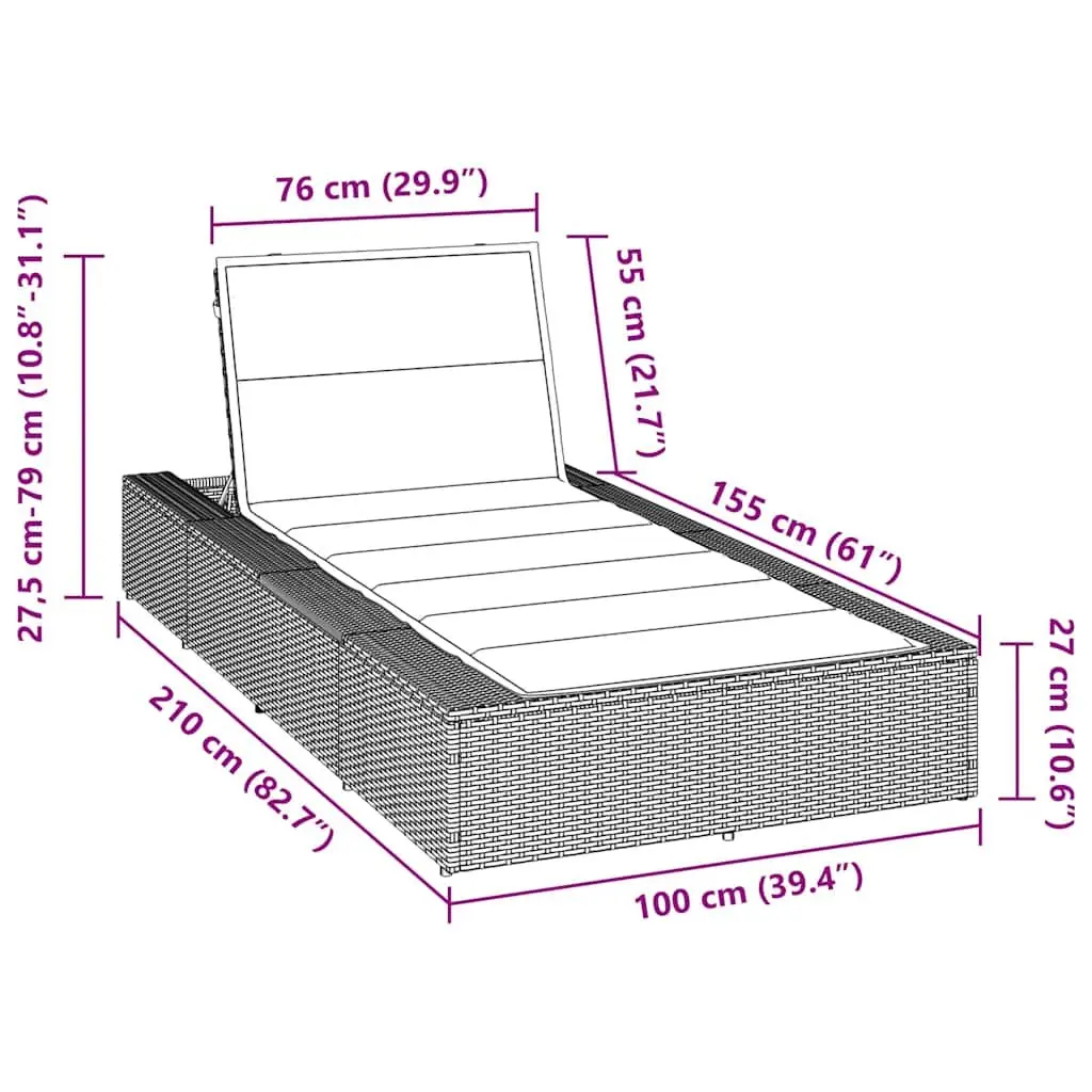 Sun Lounger Adjustable Backrest Outdoor Daybed Beige Poly Rattan Floating
