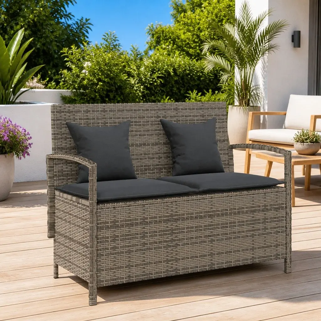 Grey Poly Rattan Outdoor Storage Bench with Cushion
