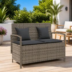 Premium Grey Poly Rattan Outdoor Storage Bench with Cushion
