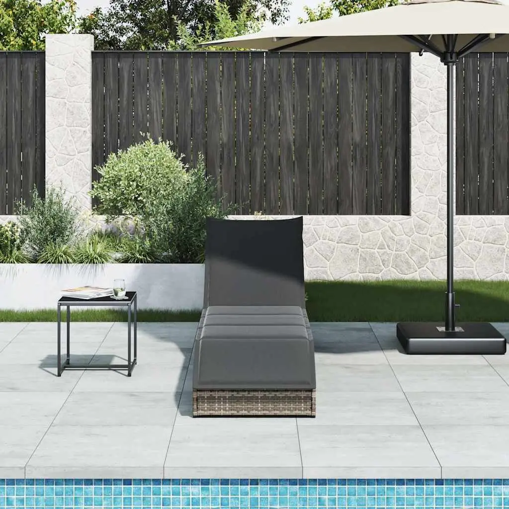 Folding Sun Lounger PE Rattan Adjustable Backrest Storage Box Grey