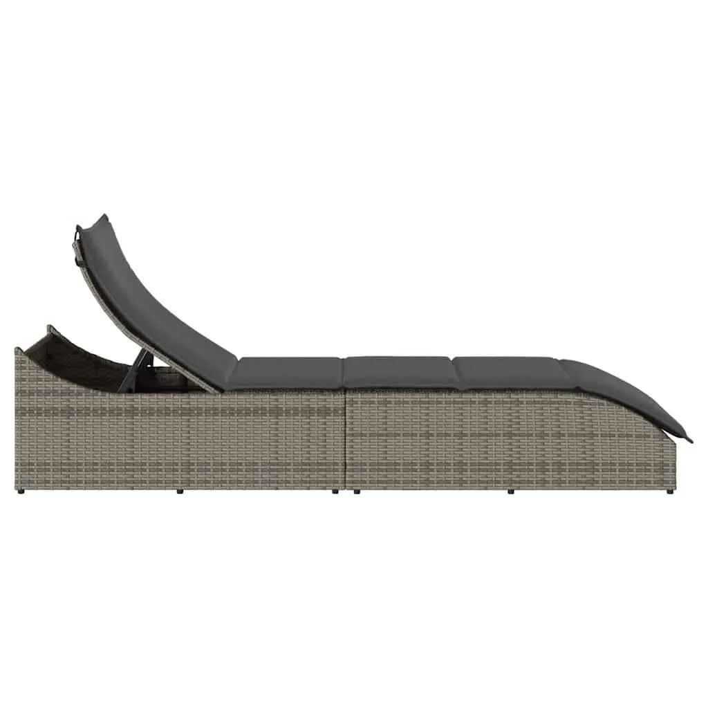 Folding Sun Lounger PE Rattan Adjustable Backrest Storage Box Grey
