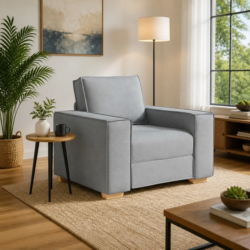 Light Grey Fabric Sofa Chair with Armrest and Padded Backrest
