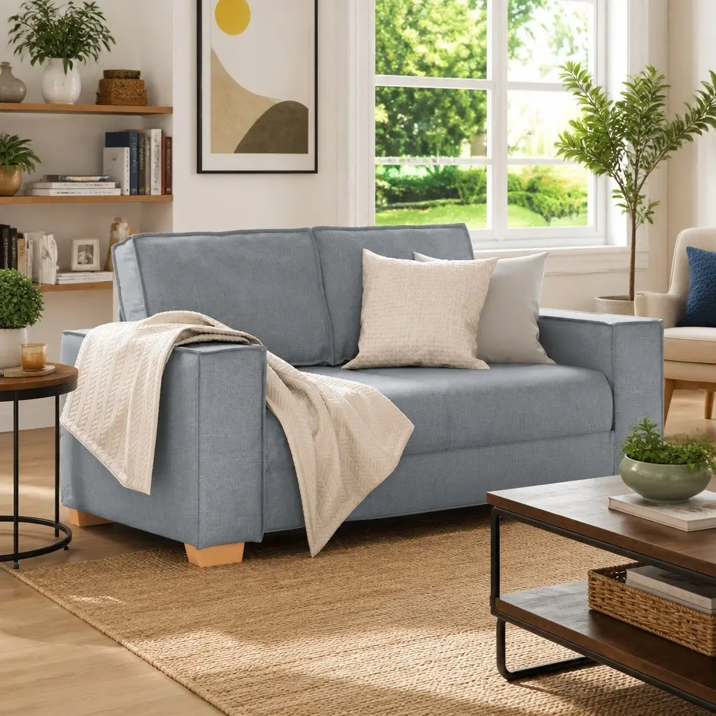 Grey Fabric 2-Seater Sofa with Wide Armrests