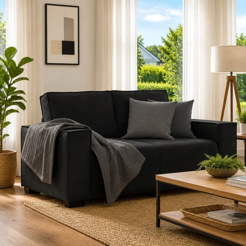 Black Velvet 2-Seater Sofa for Living Rooms