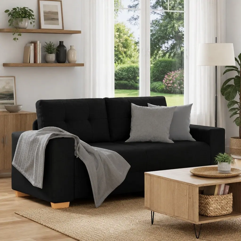 Loveseat Sofa Polyester Fabric 180x77x82cm Black Two Seater