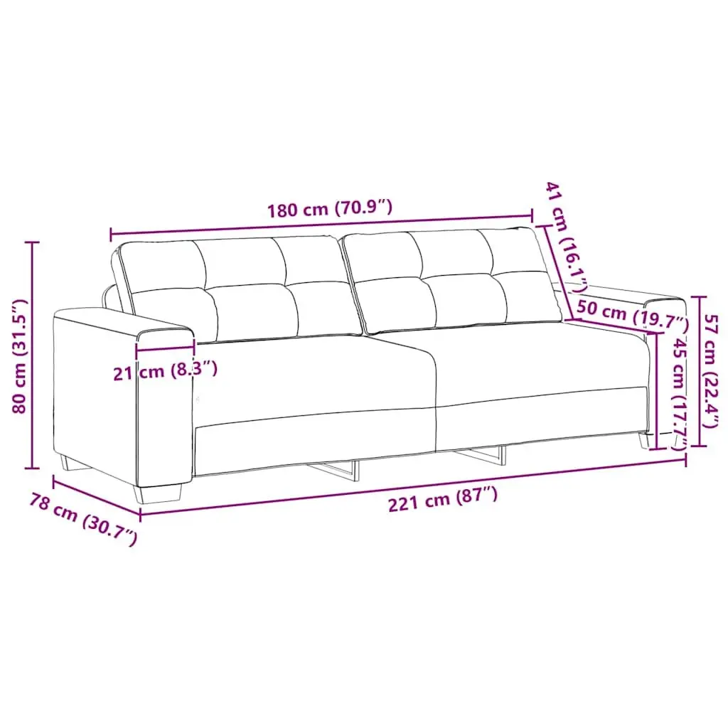 3-Seater Sofa Polyester Fabric 220W x 78D x 80H cm Grey