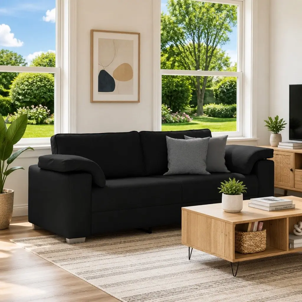 Black 3-Seater Sofa 220cm Durable Modern Fabric Couch