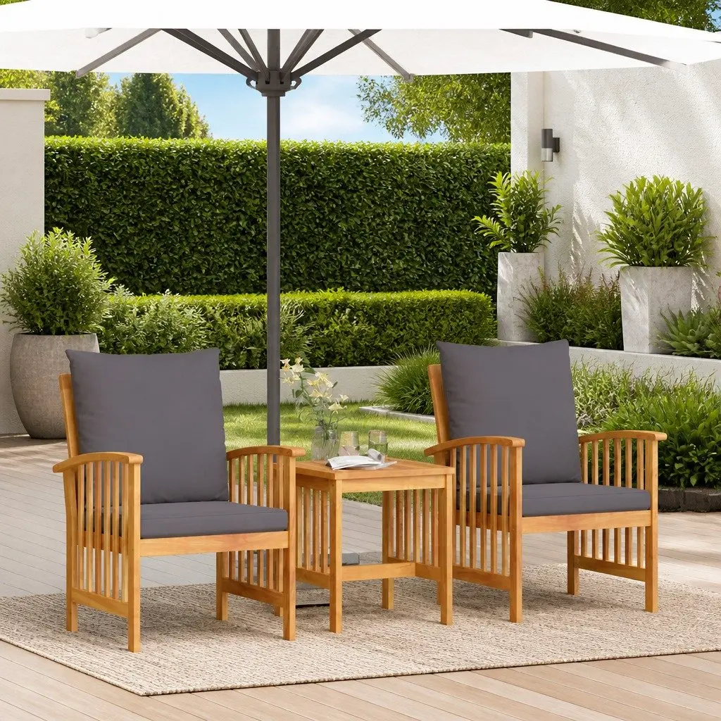 Garden Sofa Set Solid Acacia Wood 3 Piece Outdoor Furniture Armchairs Table Brown