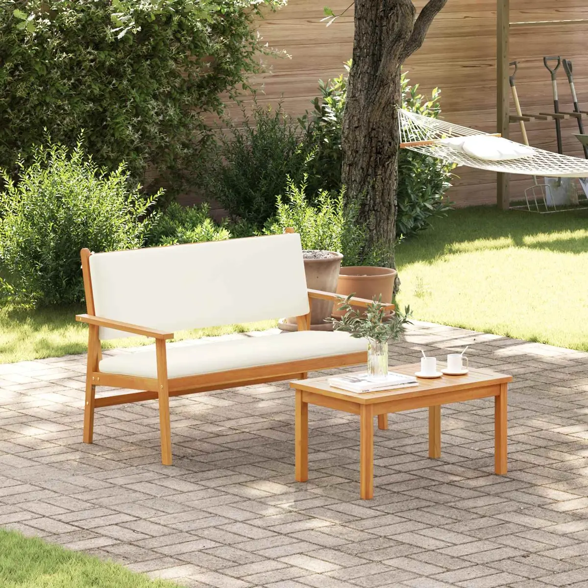 Garden Bench Solid Acacia Wood Cream White Cushion Outdoor Furniture