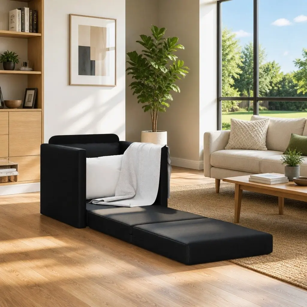 Sofa Bed Faux Leather 60cm Black Modern Convertible