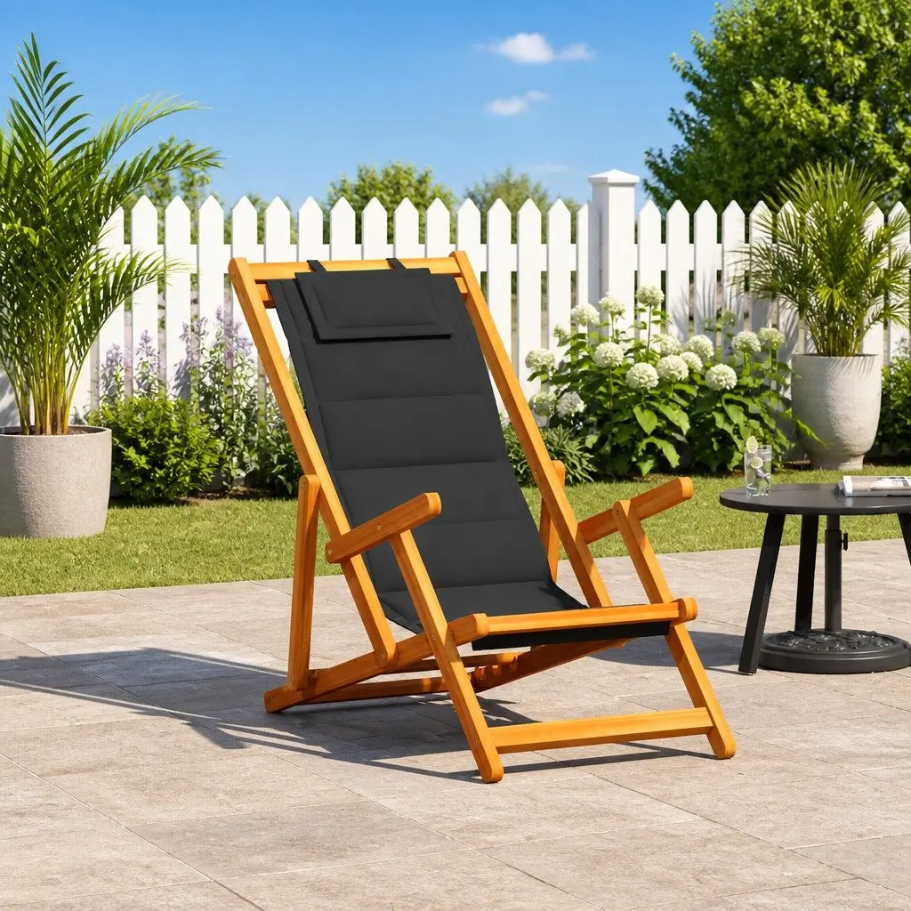 Folding Beach Chair Acacia Wood Textilene Black Outdoor Seating